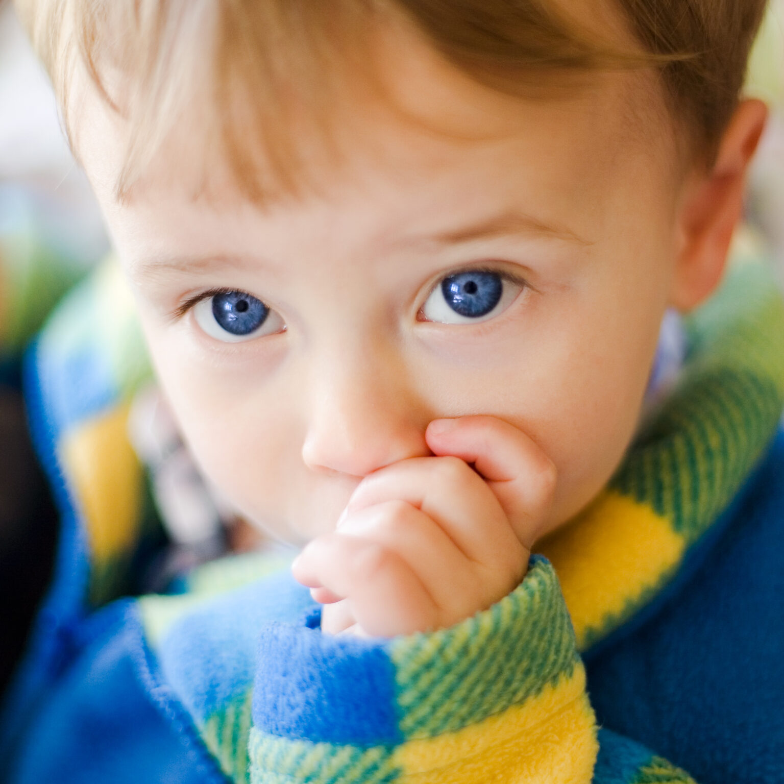 Close up portrait of toddler with thumb in mouth