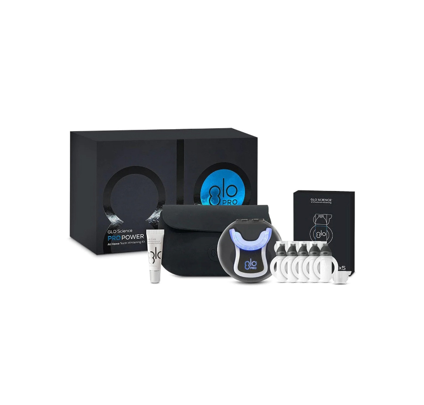 Sleek black and blue GLO Pro Power Whitening kit against a white background