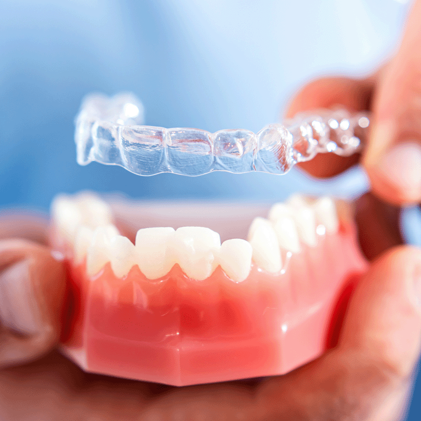 Close up of an Invisalign aligner being placed on the dental model of a lower bite